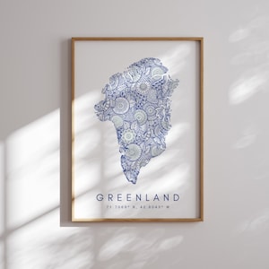 Grönland Karte Print Minimal Style Blaue Wandkunst, Grönland Art Print Dekor für Zuhause oder Geschenk, Grönland Print, Grönland Farbkarte Poster