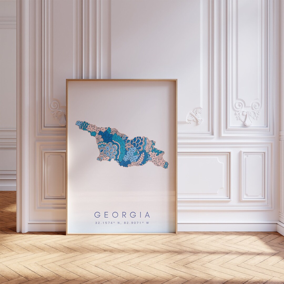 Georgia Designer Map Print Blue Wall Art, Georgia Art Print Decor for ...