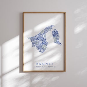 Brunei Map Print Minimal Style Blue Wall Art, Brunei Art Print Decor For Home or Gift, Brunei Color Map Poster, Urban Style Map Print