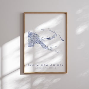 Papua New Guinea Map Print Minimal Style Blue Wall Art, Papua New Guinea Art Print Decor For Home or Gift, Papua New Guinea Landscape print