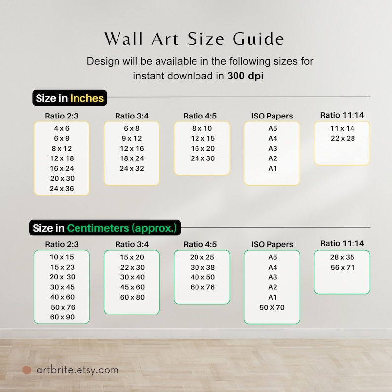 May include: A chart showing different sizes for wall art prints in inches and centimetres. The chart includes ratios of 2:3, 3:4, 4:5, and 11:14, as well as standard ISO paper sizes.