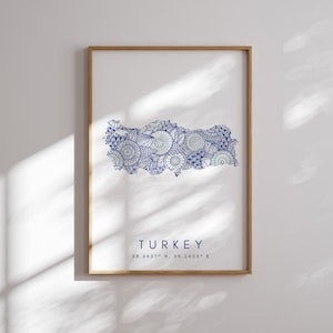 Turkije kaart print minimalistische stijl blauwe muur kunst, Turkije Art Print decor voor thuis of cadeau, Turkije verticale kleur reizen kaart afdrukken,