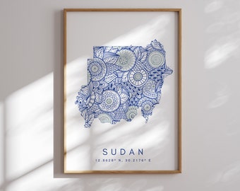 Sudan Map Print Minimal Style Blue Wall Art, Sudan Art Print Decor For Home or Gift, Sudan Rose Gold  Vertical Travel Color Map Print