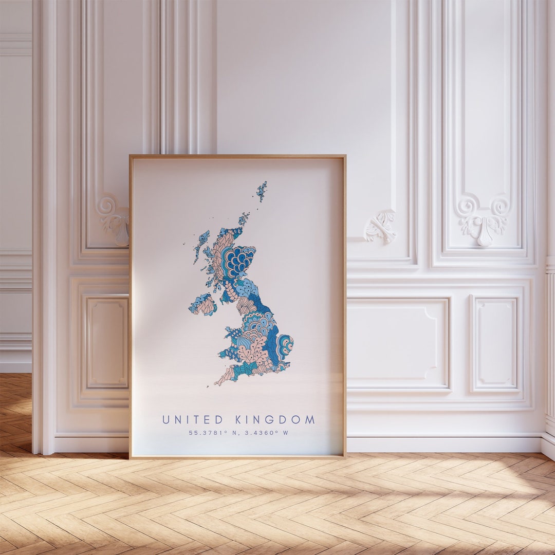 United Kingdom Map Print Minimal Style Pastel Blue Wall Art, UK United ...