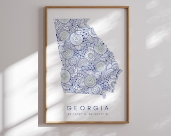 Georgia US State Blue Minimal Style Map Print, Georgia USA State Map Art Print Decor For Home or Gift, Georgia State vertical Map