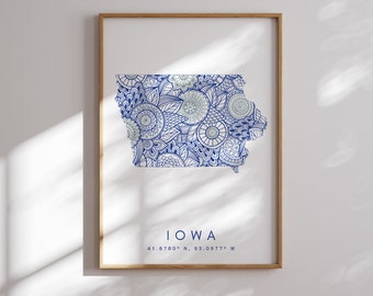 Iowa US State Blau Minimal Style Map Print, Iowa USA State Karte Kunstdruck Dekor Für Zuhause oder Geschenk, Iowa State Karte vertikal
