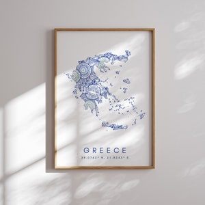 Griechenland Karte Print Minimal Style Blaue Wandkunst, Griechenland Art Print Decor For Home or Gift, Griechenland Print, Griechenland Color Map Poster