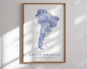 South America Map Print Blue Wall Art, South America Art Print Decor For Home or Gift, South America Continent Map Wall Map Print