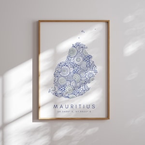 Impression de carte de l'île Maurice, art mural bleu style minimaliste, impression d'art de l'île Maurice pour la maison ou un cadeau, impression de style paysage vertical de l'île Maurice