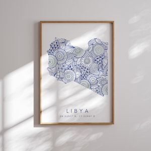 Libya Map Print Minimal Style Blue Wall Art, Libya Art Print Decor For Home or Gift, Libya vertical style print