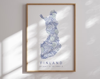 Finland Map Print Minimal Style Blue Wall Art, Finland Art Print Decor For Home or Gift, Finland vertical style print, Color Map Poster