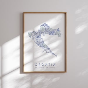Kroatien Karte Print Minimal Style Blaue Wandkunst, Kroatien Art Print Decor For Home or Gift, Kroatien Color Map Poster, Urban Style Map