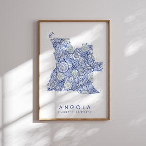 Angola Karte Print Minimal Style Blaue Wandkunst, Angola Art Print Dekor für Zuhause oder Geschenk, Angola Color Map Poster, Urban Map Art Print