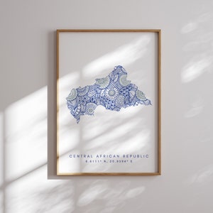 Central African Republic Map Print Minimal Style Blue Wall Art, Central African Republic Art Print Decor For Home or Gift