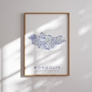 Mongolia mapa imprimir estilo minimalista arte de la pared azul, decoración de impresión de arte de Mongolia para el hogar o el regalo, impresión de estilo paisaje vertical de Mongolia