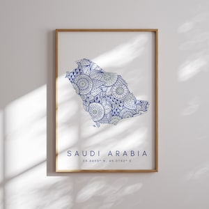 Impressão de mapa da Arábia Saudita estilo mínimo arte de parede azul, impressão de arte da Arábia Saudita decoração para casa ou presente, impressão de mapa de paisagem vertical da Arábia Saudita