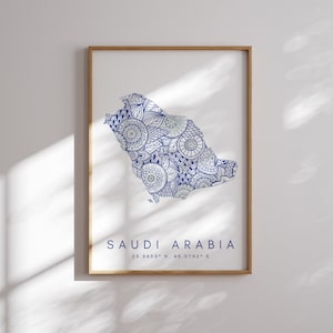 Saudi Arabia Map Print Minimal Style Blue Wall Art, Saudi Arabia Art Print Decor For Home or Gift, Saudi Arabia vertical Landscape map print