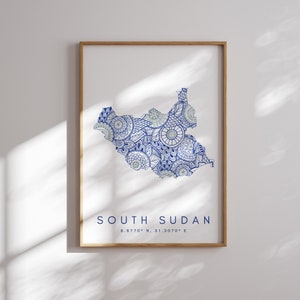 Südsudan Karte Drucken Minimal Style Blaue Wandkunst, Südsudan Kunstdruck Dekor für Zuhause oder Geschenk, Südsudan Reise Farbe Karte Drucken