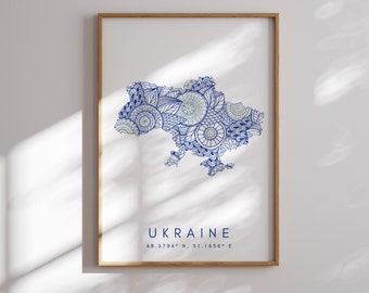 Impresión de mapa de Ucrania Arte de pared azul de estilo minimalista, decoración de impresión de arte de Ucrania para el hogar o regalo, impresión de mapa de color de viaje vertical de Ucrania