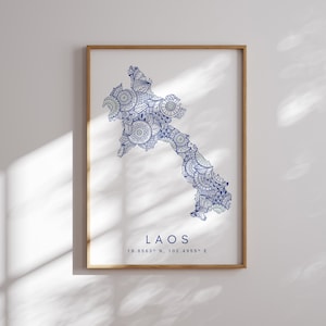 Laos Map Print Minimal Style Blue Wall Art, Laos Art Print Decor For Home or Gift, Laos vertical style print