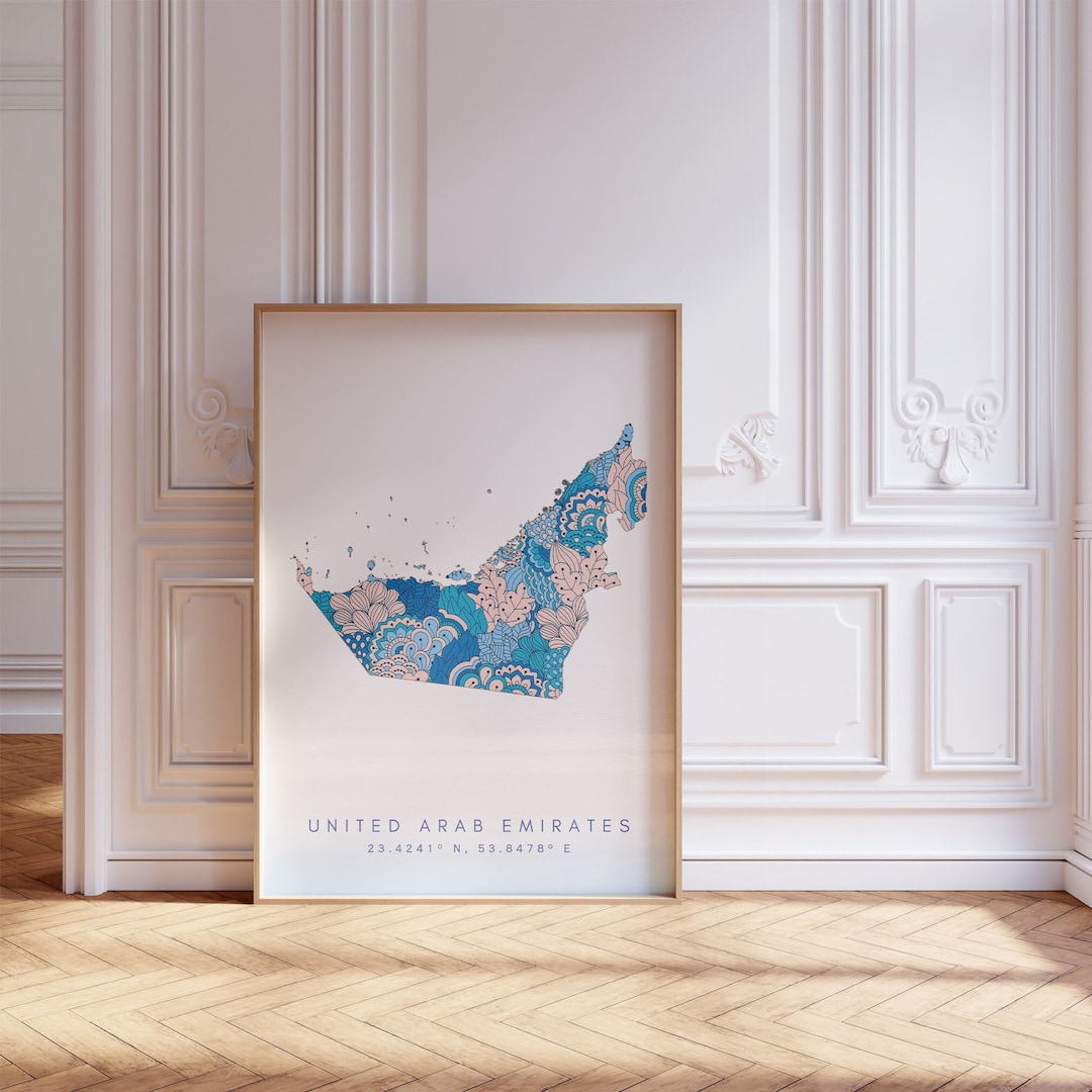 United Arab Emirates Map Print Minimal Style Pastel Blue Wall Art, UAE