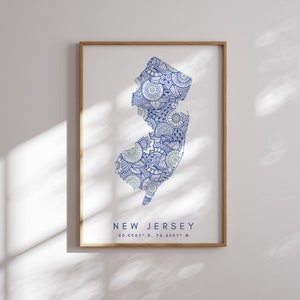 New Jersey Amerikaanse staat blauwe minimalistische stijl kaart afdrukken, New Jersey USA staat kaart Art Print Decor voor thuis of cadeau, New Jersey staat verticale kaart