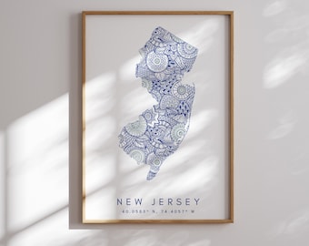 New Jersey US State Blue Minimal Style Map Print, New Jersey USA State Map Art Print Decor For Home or Gift, New Jersey State vertical Map