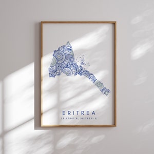 Eritrea Karte Druck Minimal Style Blaue Wandkunst, Eritrea Art Print Dekor für Zuhause oder Geschenk, Eritrea vertikale Landschaft Stil Druck, Farbkarte