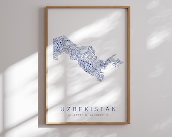 Stampa mappa dell'Uzbekistan Arte da parete blu in stile minimale, stampa artistica dell'Uzbekistan per la casa o un regalo, stampa della mappa a colori verticale dell'Uzbekistan