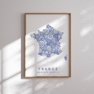 Francja Mapa Wydruk Minimalistyczny Styl Niebieski Sztuka Ścienna, Francja Sztuka Wydruk Dekoracja Do Domu lub Prezent, Francja pionowy styl wydruku, Kolorowy Plakat Mapa