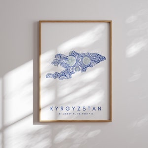 Kyrgyzstan Map Print Minimal Style Blue Wall Art, Kyrgyzstan Art Print Decor For Home or Gift