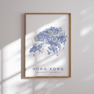 Mapa de Hong Kong Imprimir arte de pared azul de estilo minimalista, decoración de impresión de arte de Hong Kong para el hogar o regalo, cartel de mapa de estilo vertical de color de Hong Kong