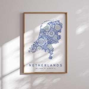 Pays-Bas Carte Imprimer Minimal Style Blue Wall Art, Pays-Bas Art Print Decor For Home or Gift, Pays-Bas vertical Paysage carte impression