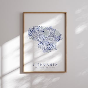 May include: A blue and white mandala-style illustration of the country of Lithuania. The text "LITHUANIA 55.1694° N, 23.8813° E" is below the map.