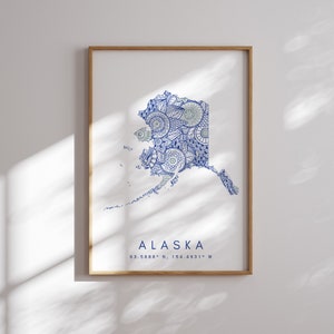 Alaska US State Blue Minimal Style Map Print, Alaska USA State Map Art Print Decor For Home or Gift, Alaska State vertical Map