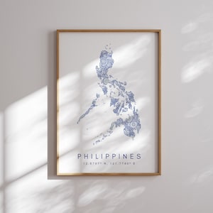 Filipijnen kaart afdrukken minimalistische stijl blauwe muur kunst, Filipijnen Art Print Decor voor thuis of cadeau, Filipijnen verticale landschapskaart afdrukken