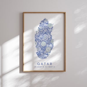 Impressão de mapa do Catar estilo mínimo arte de parede azul, impressão de arte do Catar decoração para casa ou presente, impressão de mapa de paisagem vertical do Catar, pôster do Catar