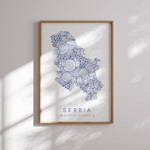 Impressão de mapa da Sérvia estilo mínimo arte de parede azul, impressão de arte da Sérvia decoração para casa ou presente, impressão de mapa de paisagem vertical da Sérvia, pôster da Sérvia