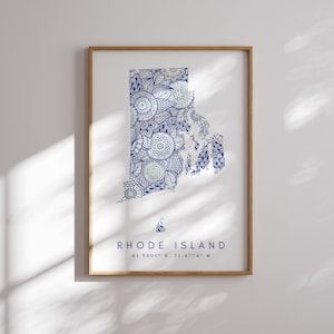 Rhode Island US Bundesstaat Blau Minimal Style Map Print, Rhode Island USA Bundesstaat Karte Kunstdruck Dekor Für Zuhause oder Geschenk, Rhode Island vertikale Karte