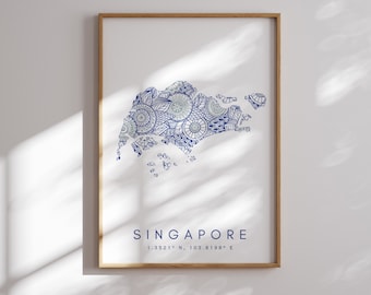 Singapore Map Print Minimal Style Blue Wall Art, Singapore Art Print Decor For Home or Gift, Singapore vertical Travel Color  print