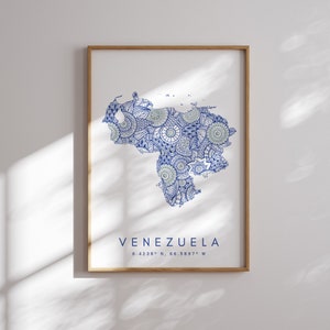 Venezuela Mapa Imprimir Estilo Minimalista Arte de pared azul, Venezuela Arte Impresión Decoración para el hogar o regalo, Venezuela Vertical Color Mapa impresión