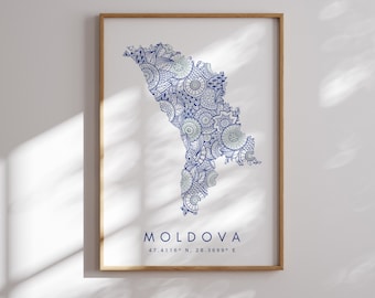 Moldova Map Print Minimal Style Blue Wall Art, Moldova Art Print Decor For Home or Gift, Moldova vertical Landscape style print