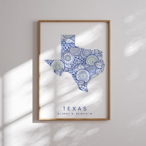 Texas EE.UU. Estado Azul Estilo Minimalista Mapa Impresión, Texas EE.UU. Mapa Estatal Arte Impresión Decoración para el hogar o regalo, Texas Estados Unidos mapa vertical