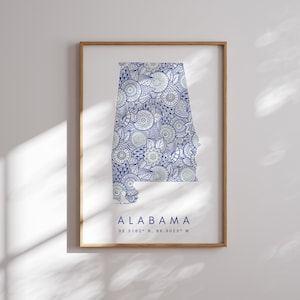 Impression de carte de style minimal bleu de l'État de l'Alabama, carte de l'État de l'Alabama, États-Unis, impression d'Art déco pour la maison ou un cadeau, carte verticale de l'État de l'Alabama