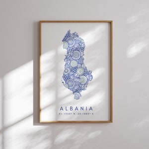 Albanië kaart print minimalistische stijl blauwe muur kunst, Albanië Art Print decor voor thuis of cadeau, Albanië kleur kaart poster, stedelijke kaart Art Print