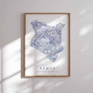 Mapa de Kenia Imprimir arte de pared azul de estilo minimalista, decoración de impresión de arte de Kenia para el hogar o regalo, mapa de diseño floral del país de Kenia