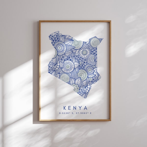 Kenya Map Print Minimal Style Blue Wall Art, Kenya Art Print Decor For Home or Gift, Kenya country floral design map