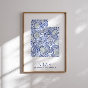 Utah US State Blue Minimal Style Map Print, Utah USA State Map Art Print Decor For Home or Gift, Utah États-Unis carte verticale