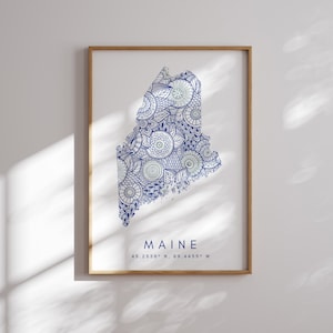 Maine US State Blue Minimal Style Map Print, Maine USA State Map Art Print Decor For Home or Gift, Maine State vertical Map