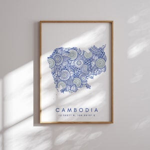 Kambodscha Karte Print Minimal Style Blaue Wandkunst, Kambodscha Art Print Decor For Home or Gift, Kambodscha Farbe Karte Poster, Urban Style Map Print